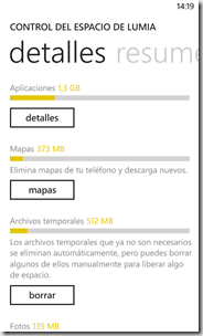 Control de espacio de Lumia 2